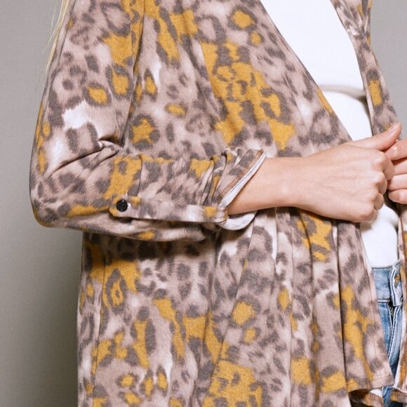 MYSTREE Leopard Print Waterfall Cardigan Brown Mustard Draped Open Front - Picture 8 of 8